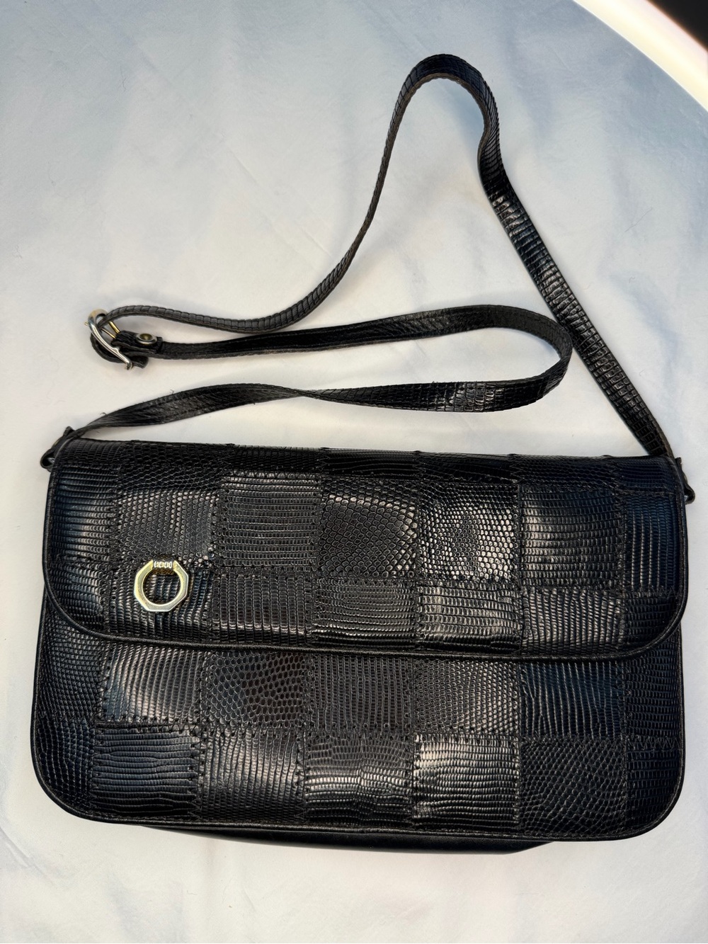 Vintage 80s Black Leather Crossbody Bag Gold Ring Accent. Reptile Patchwork